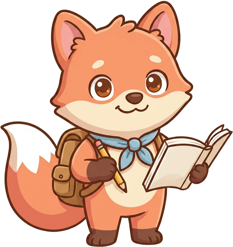 Finn der Fuchs mit einem aufgeschlagenen Heft und einem Bleistift