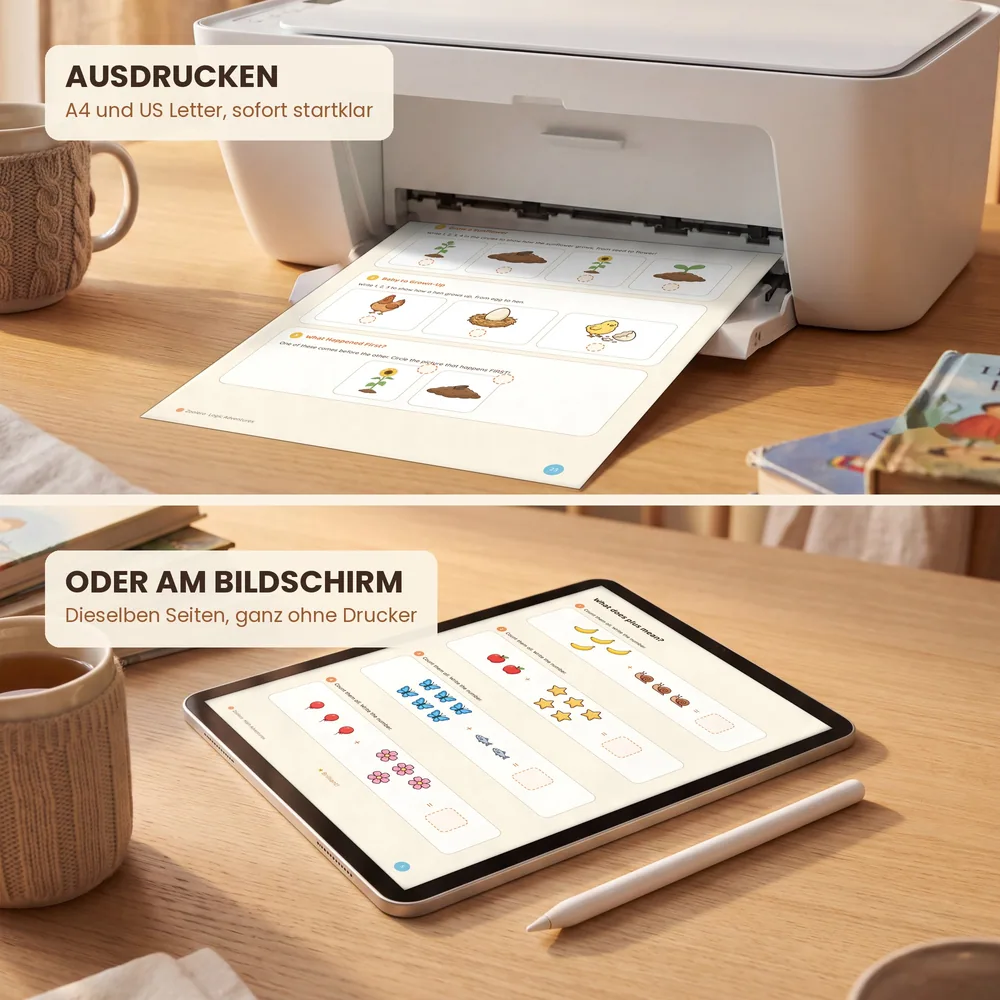 Ein ausgedrucktes Zoolero-Blatt kommt aus dem Drucker, darunter dasselbe Heft auf einem Tablet, daneben ein Stift