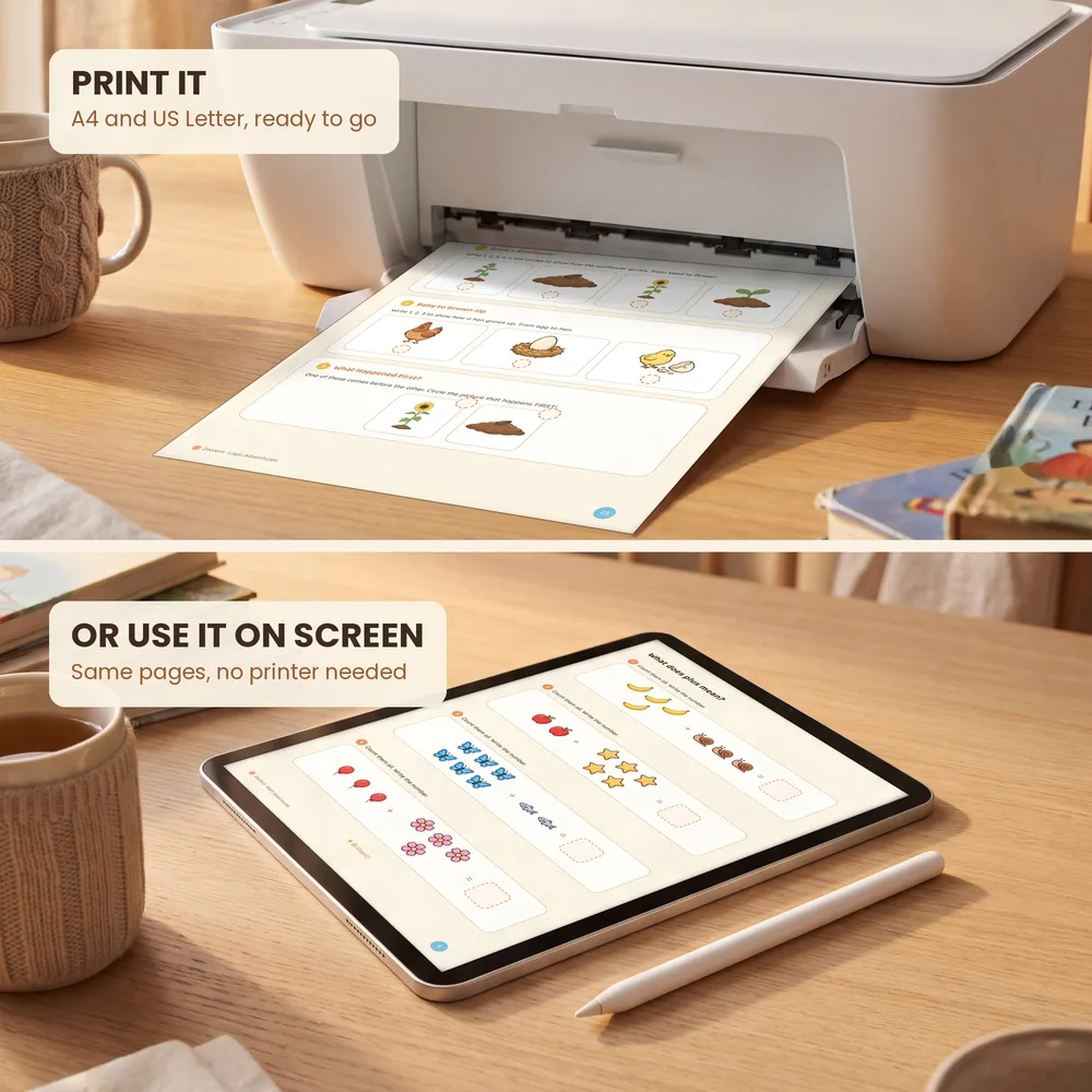 A printed Zoolero worksheet coming out of a printer, and below it the same workbook open on a tablet with a stylus beside it