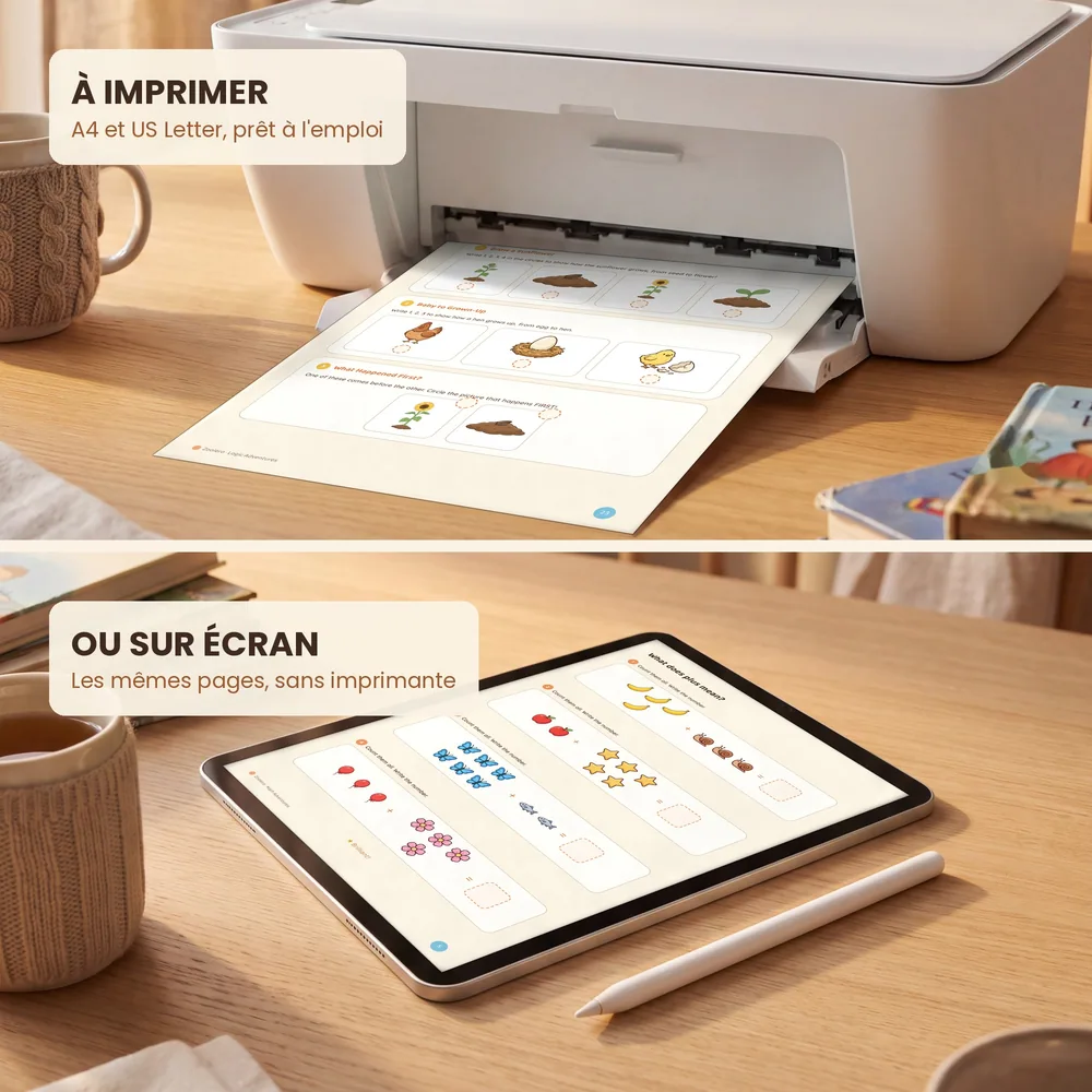 Une fiche Zoolero qui sort de l’imprimante et, en dessous, le même cahier ouvert sur une tablette avec un stylet à côté
