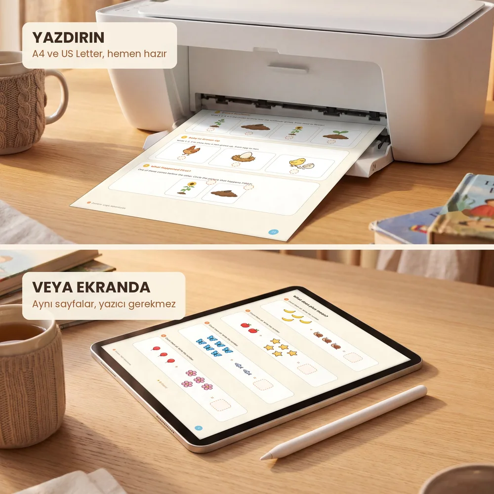 Yazıcıdan çıkan bir Zoolero sayfası ve altında aynı kitapçığın açık olduğu bir tablet, yanında kalem