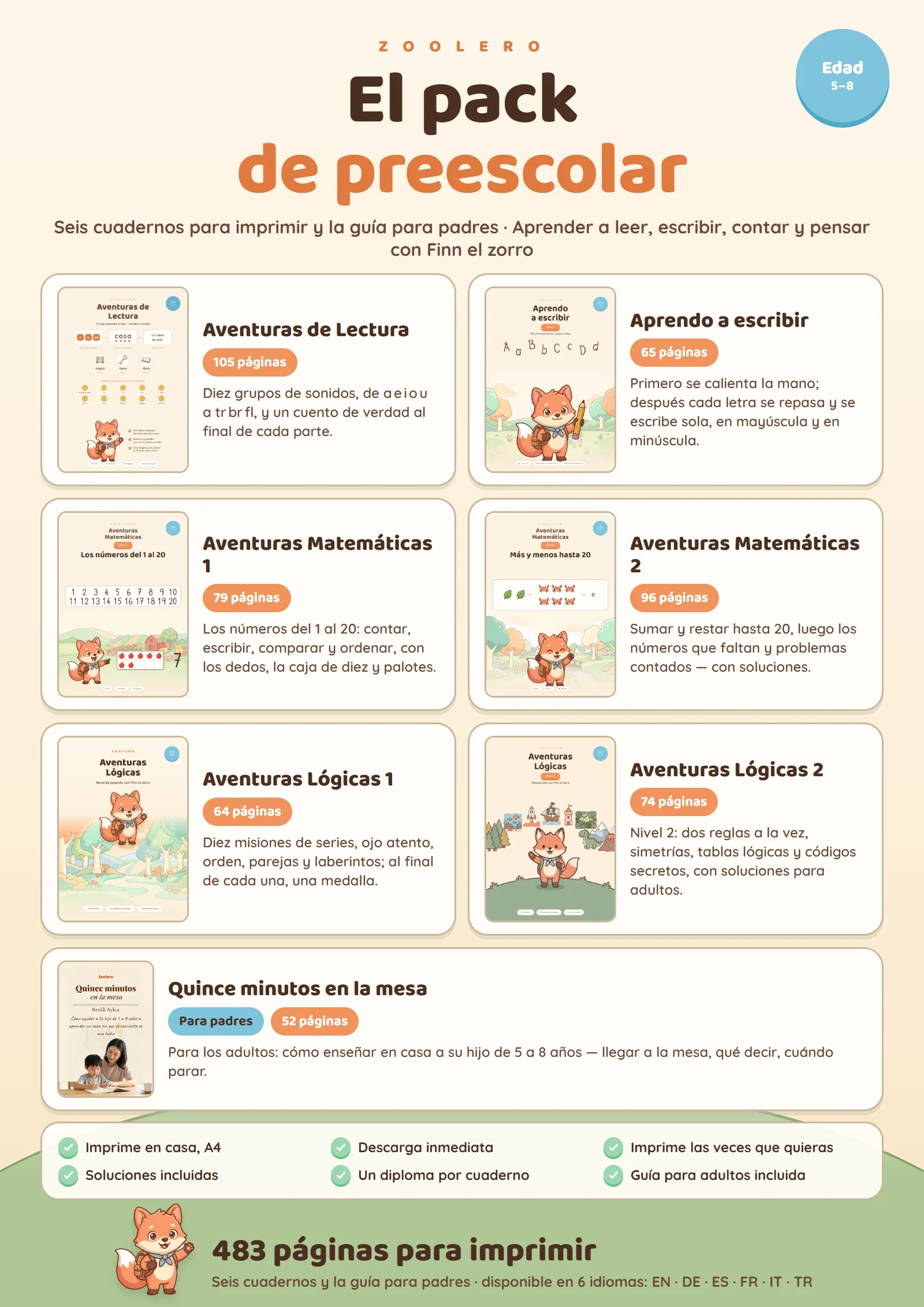 El pack de preescolar — Seis cuadernos, 483 páginas para imprimir — o rellenar en la tableta. Más la guía para padres.