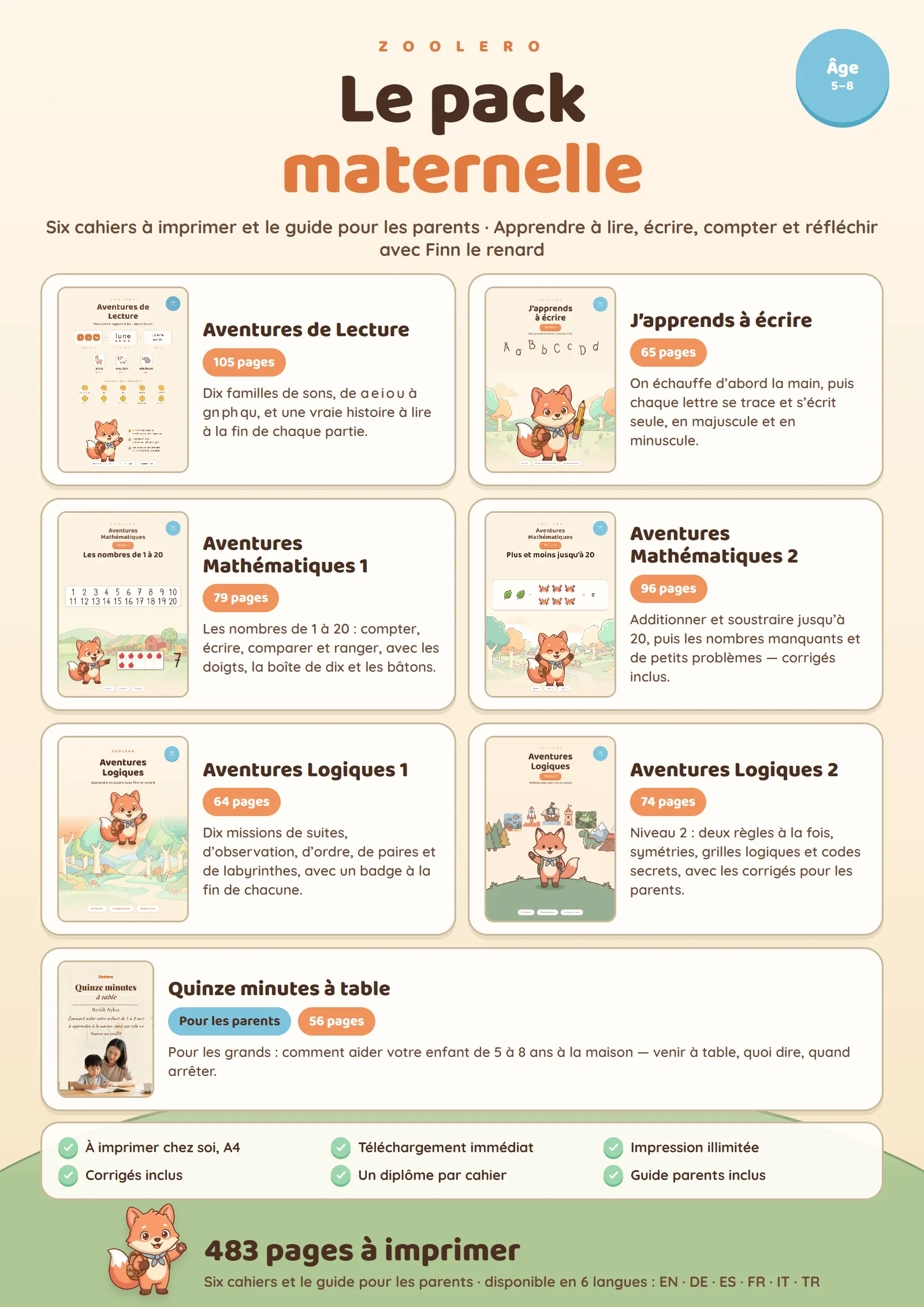 Le pack maternelle — Six cahiers, 483 pages à imprimer — ou à remplir sur tablette. Plus le guide pour les parents.