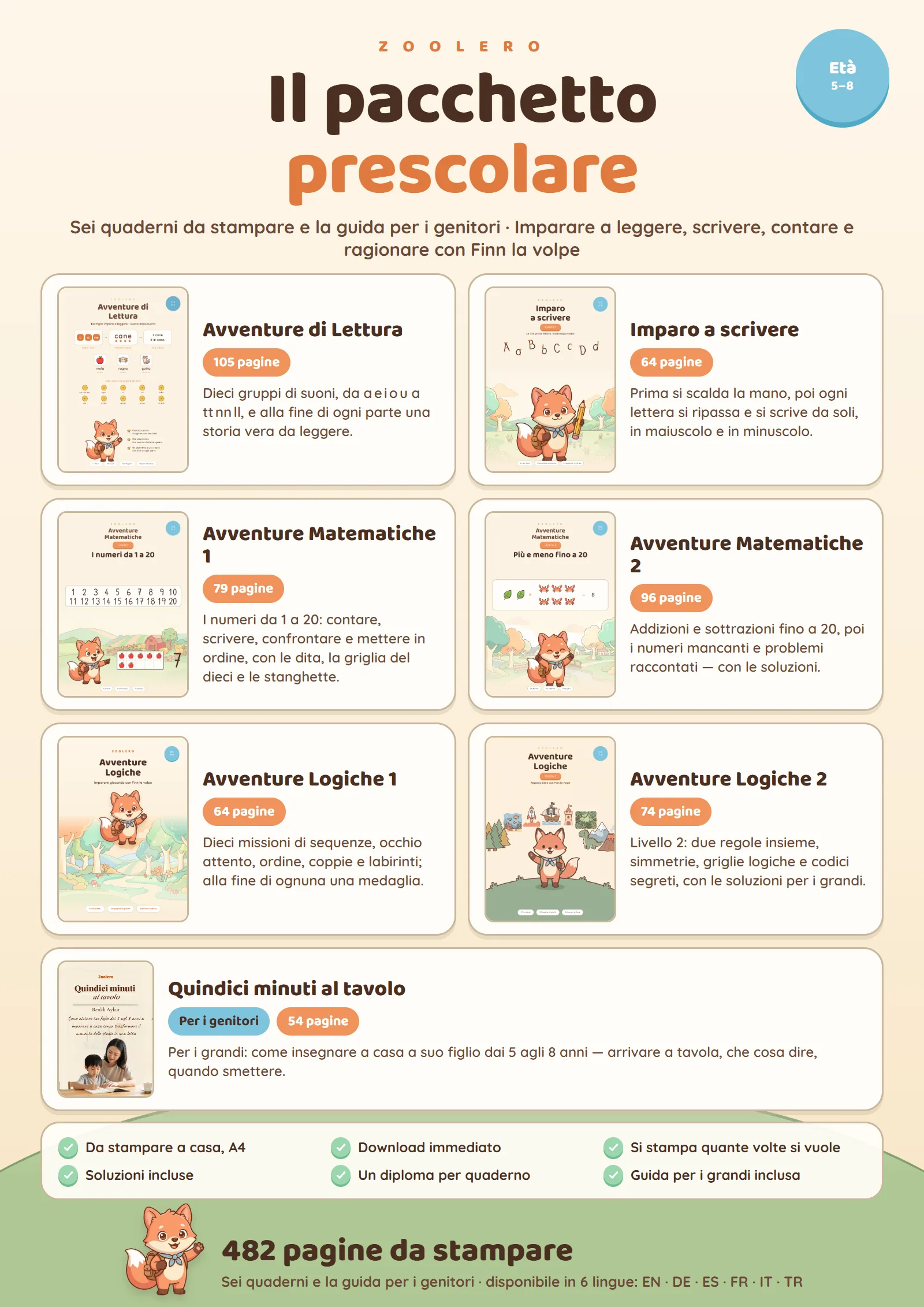 Il pacchetto prescolare — Sei quaderni, 482 pagine da stampare — o da compilare sul tablet. Più la guida per i genitori.